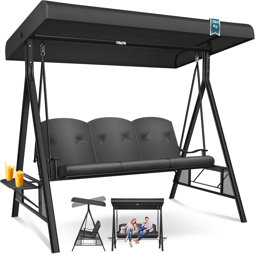 Hollywoodschaukel 3-Sitzer, Sonnendach + Polster, bis 360kg, Anti-Rutsch-Füße, wasserabweisend für Outdoor/Indoor