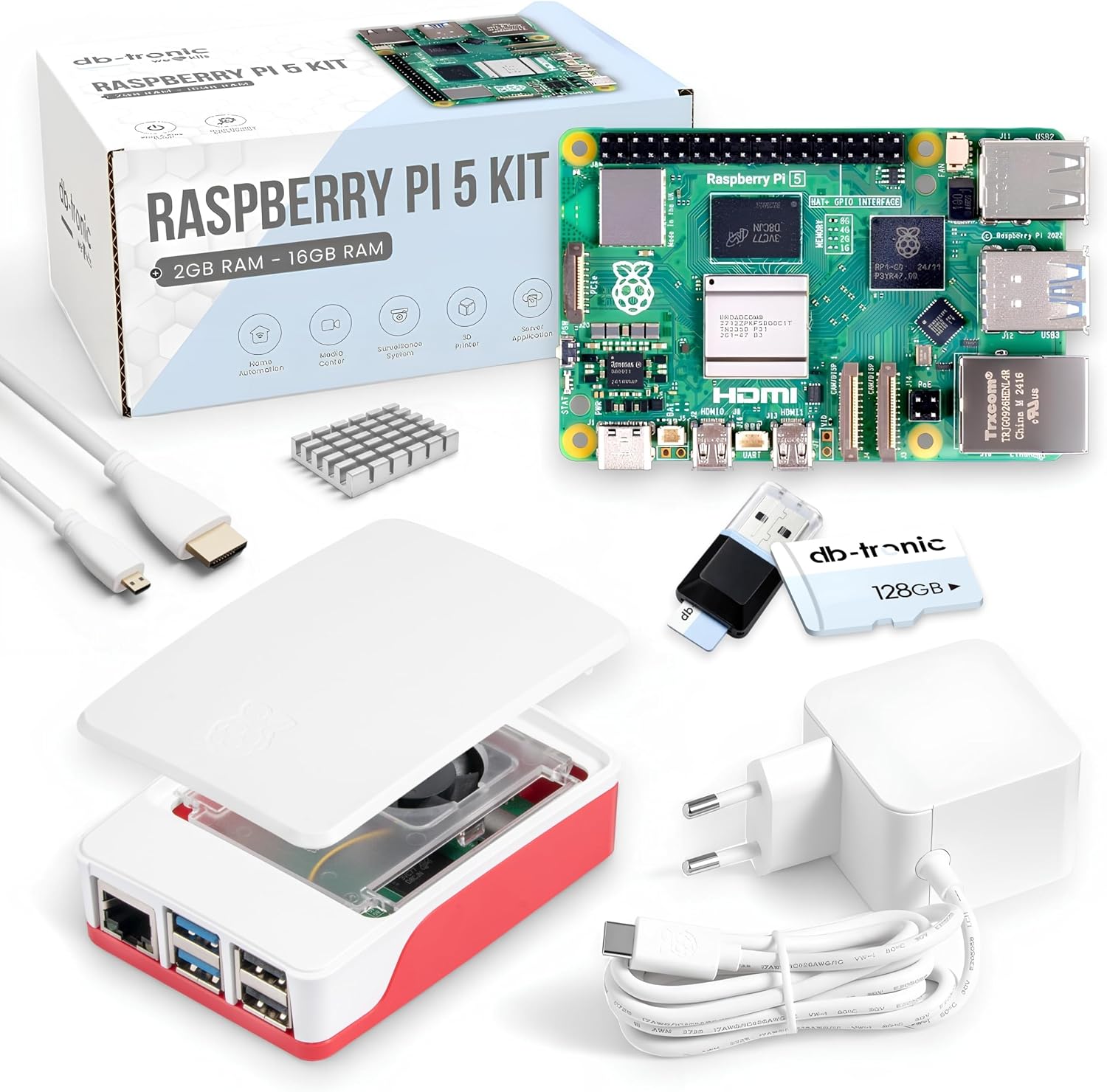 Raspberry Pi 5 8GB 128GB Starter Set mit 27W Netzteil, Lüfter-Gehäuse & 4K Micro HDMI Kabel - Ideal für Smart Home, Retro Gaming & Home Assistant