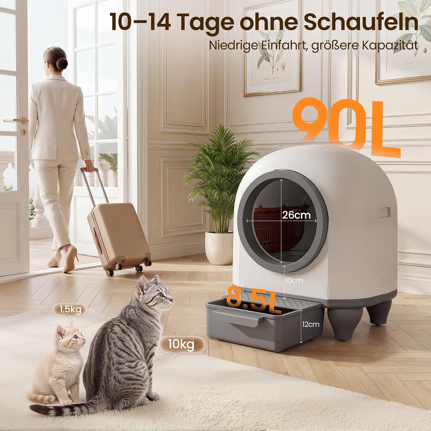 Selbstreinigende Katzentoilette 90L, mit niedrigem Einstieg/großem Raum/Geruchsentferner, APP-gesteuert, Sicherheitssensor, inklusive Katzenmatte