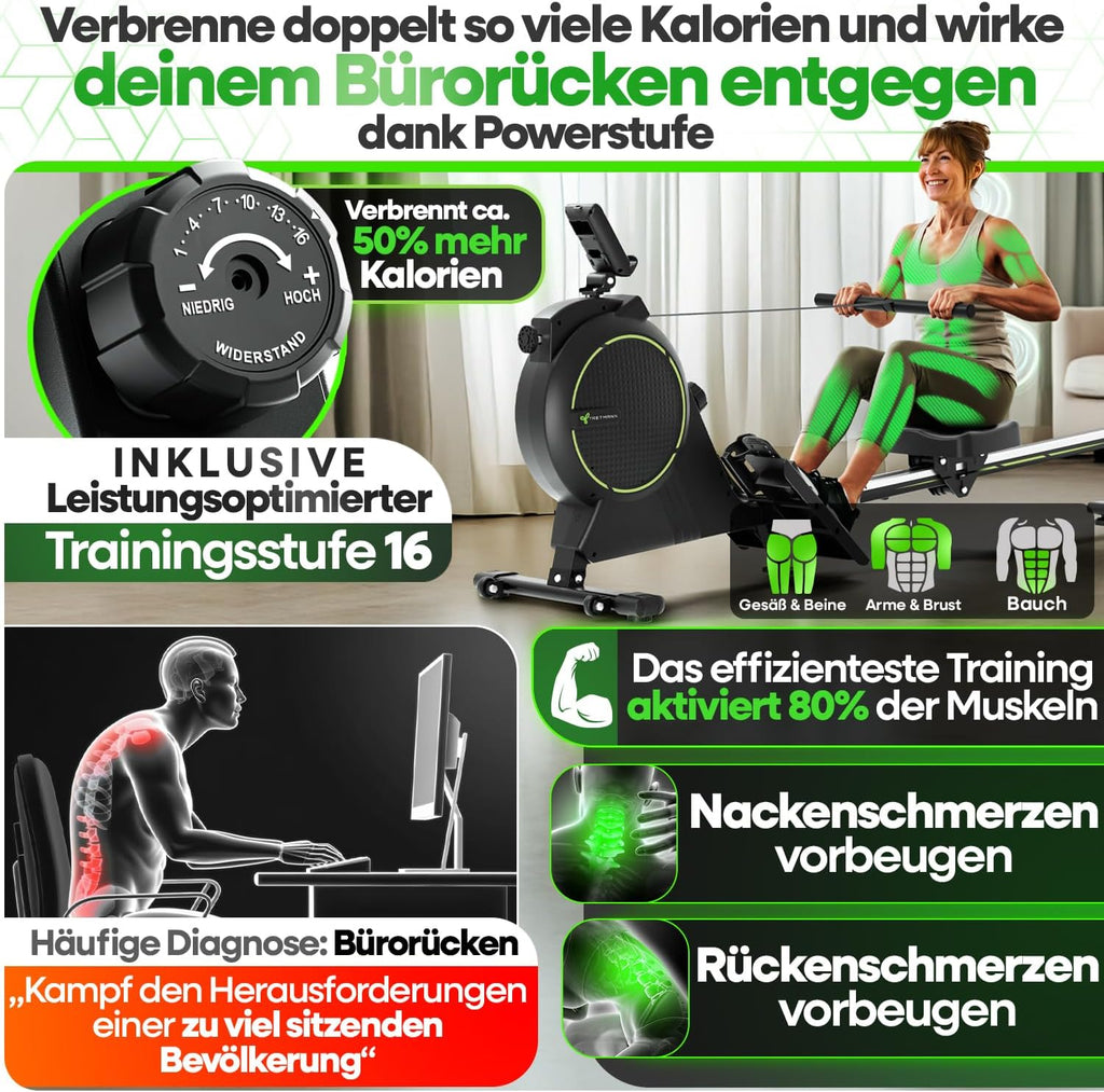 NEU Rudergerät für Zuhause Set - extra leise, Wirbelstrombremse 2.0, bis 150 kg, Magnet-Rudermaschine