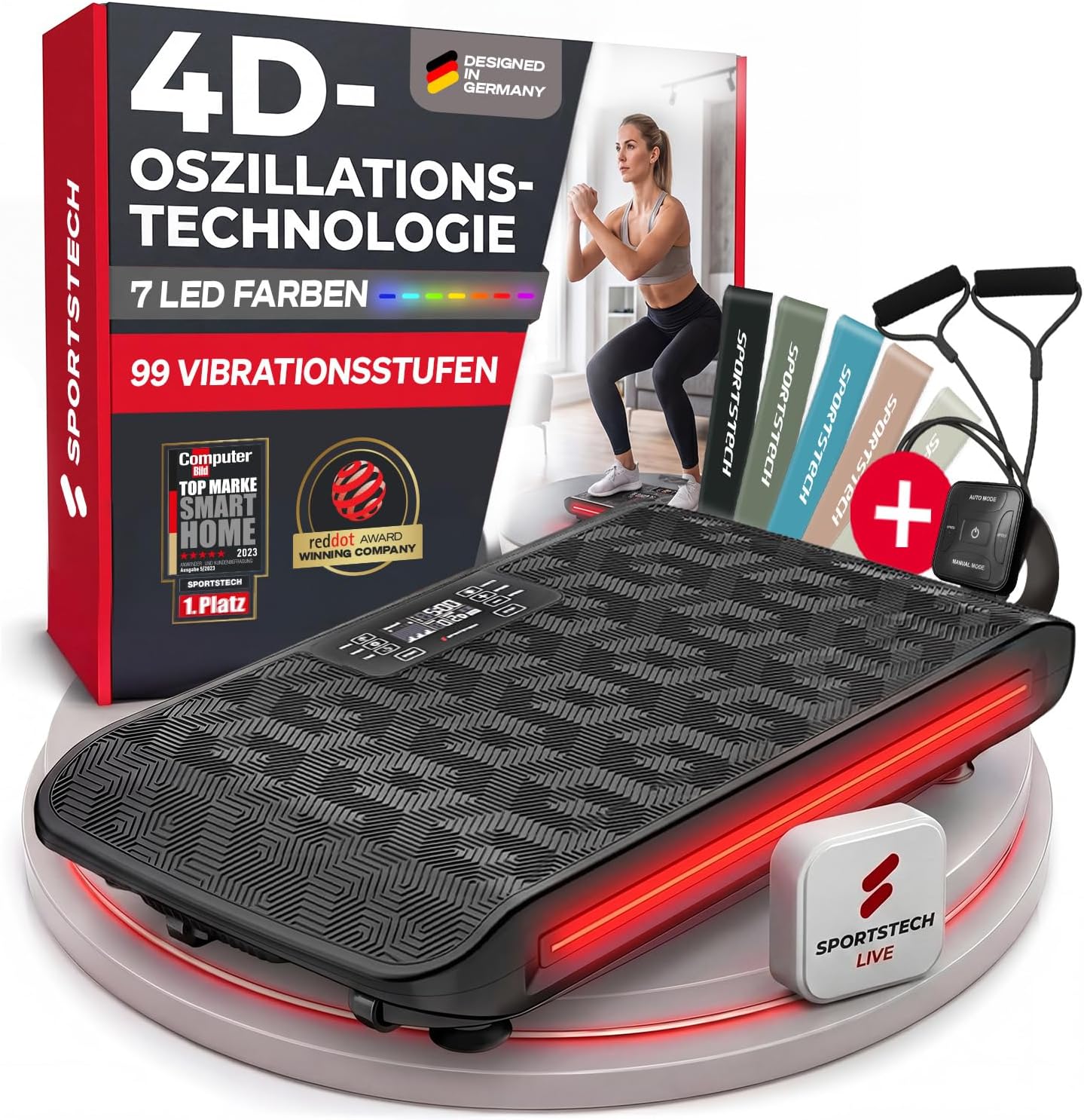 4D Vibrationsplatte, VP400 + sVibe, Smart LED, Bänder + Ropes, Abnehmen, Ganzkörper, Muskelaufbau, 120 kg, Fitness