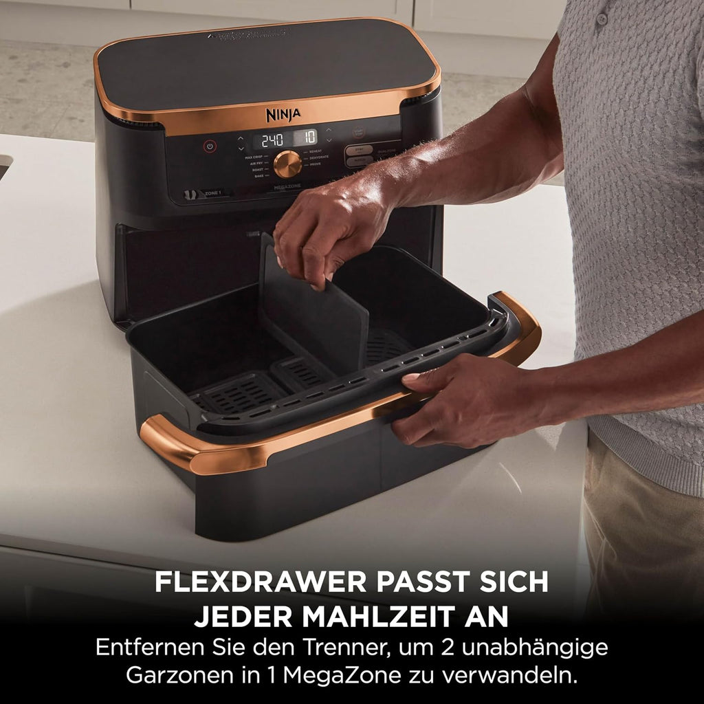 FlexDrawer Dual-Zone Heißluftfritteuse, 10,4L, herausnehmb. Trenner, Antihaft, spülmaschinenfest, 7-in-1, schwarz/kupfer, AF500EUCP