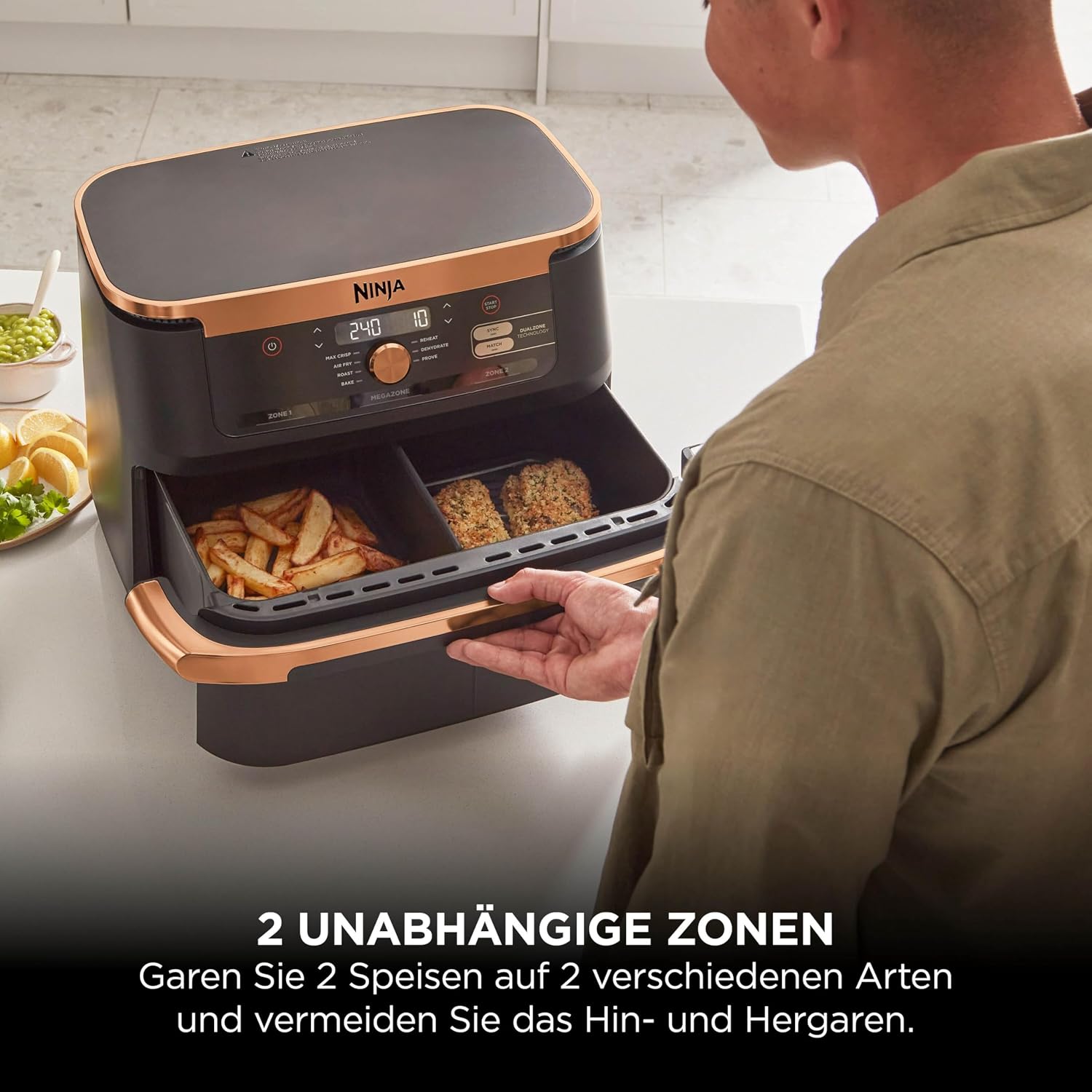 FlexDrawer Dual-Zone Heißluftfritteuse, 10,4L, herausnehmb. Trenner, Antihaft, spülmaschinenfest, 7-in-1, schwarz/kupfer, AF500EUCP