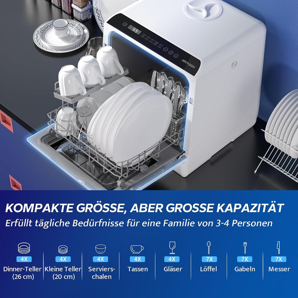 Mini Tischgeschirrspüler, 5+1 Programme, 5L Tank, 2-Wege-Wasser, Touch + LED, für Hausküche/Wohnung/Schlafsaal (Weiß/Schwarz)
