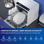 Mini Tischgeschirrspüler, 5+1 Programme, 5L Tank, 2-Wege-Wasser, Touch + LED, für Hausküche/Wohnung/Schlafsaal (Weiß/Schwarz)
