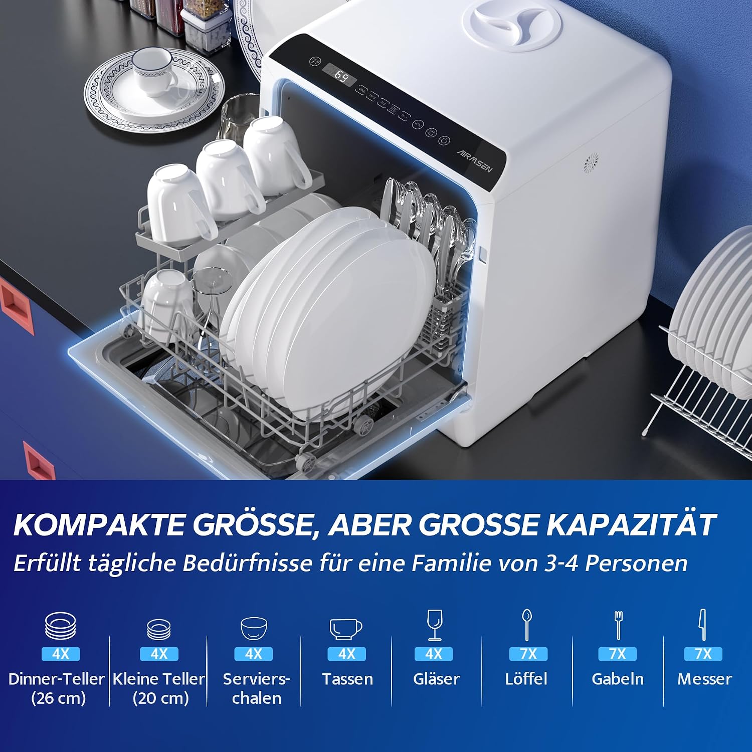 Mini Tischgeschirrspüler, 5+1 Programme, 5L Tank, 2-Wege-Wasser, Touch + LED, für Hausküche/Wohnung/Schlafsaal (Weiß/Schwarz)