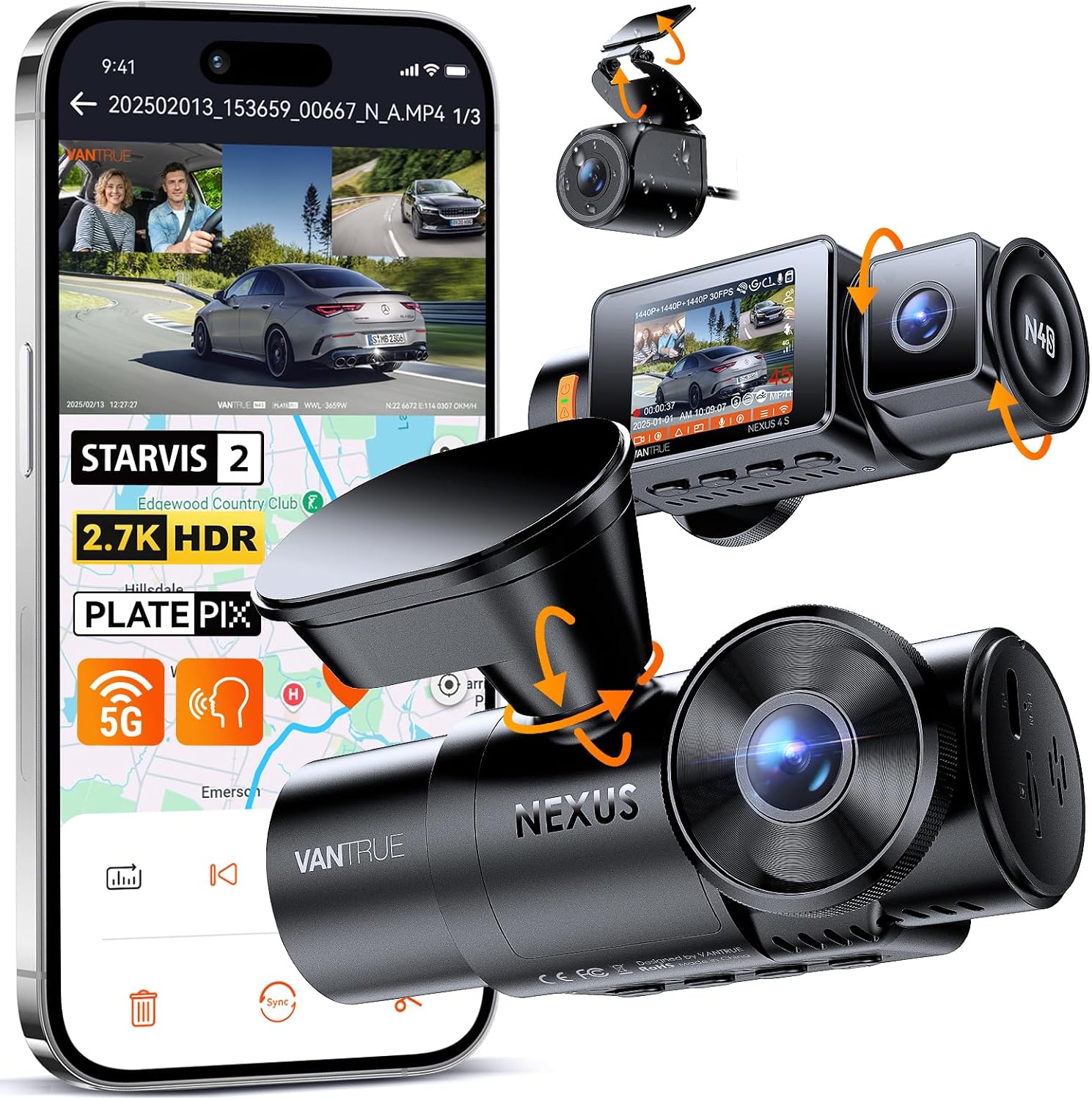 N4S 3-Kanal Dashcam 2.7K+2.5K+1440P Vorne Hinten Innen, STARVIS 2 HDR Nachtsicht, 5GHz WLAN GPS, 24h Parküberwachung G-Sensor, Max 1TB, CPL optional