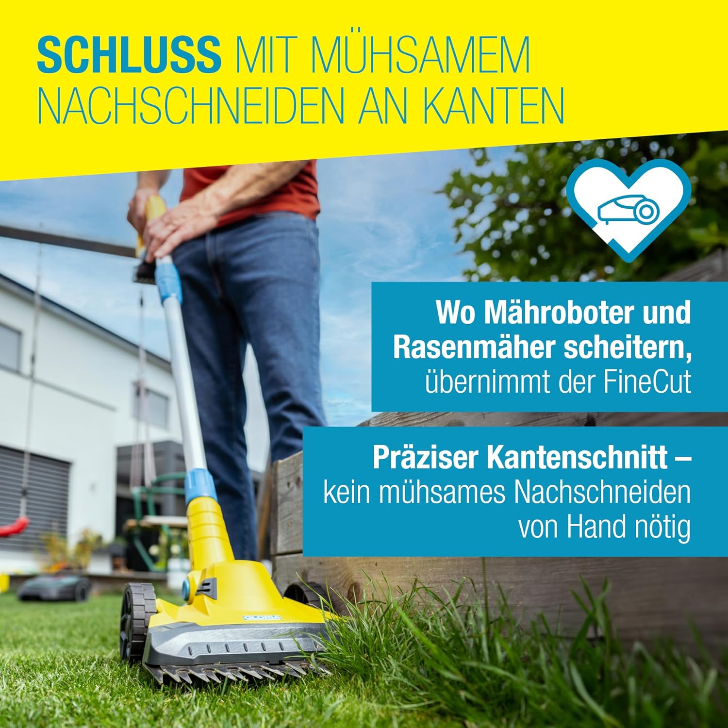 FineCut 18V Akku-Rasentrimmer + Kantenschneider, 25 cm, für Rasenkanten/Kleingärten, inkl. Akku + Ladegerät, für Mähroboter-Ergänzung, gelb/blau