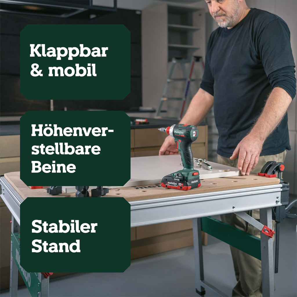 Multifunktionstisch MWB 100: Klappwerkbank, Transportgriffe, höhenverstellbare Beine, Nivellierfuß, mit Zwingen, Bankhaken, Eckverbinder, max. 120 kg
