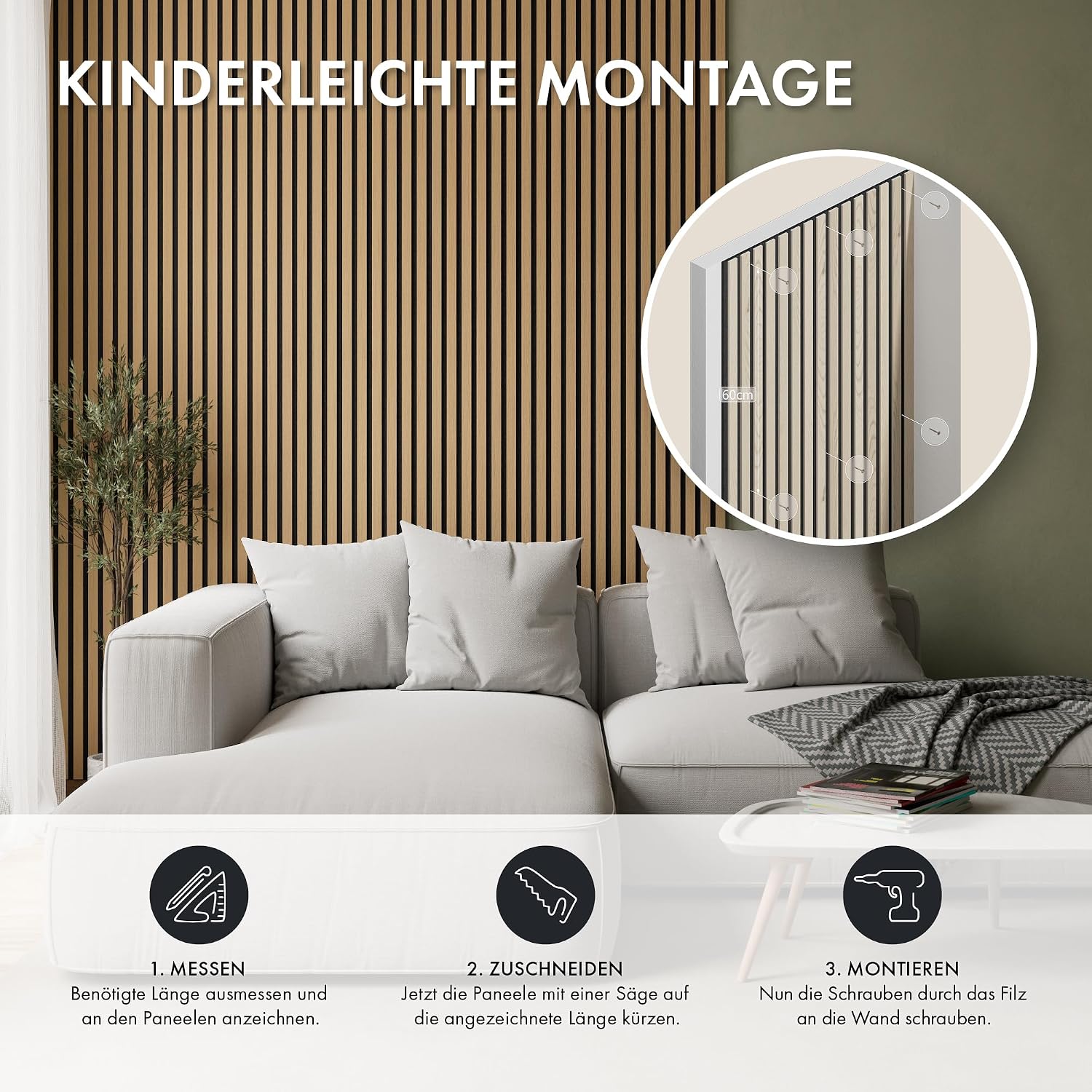 5 Stück Akustikpaneele Holz 240x50 cm - Eiche Geölt Dekor - Wandverkleidung als 3D Lamellenwand für effektiven Schallschutz - Holzpaneele