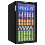 90L Getränkekühlschrank mit Glastür, für 126 Dosen, verstellbare Regale, für Limonade/Bier/Wein, Zuhause/Bar/Büro, Schwarz Edelstahl