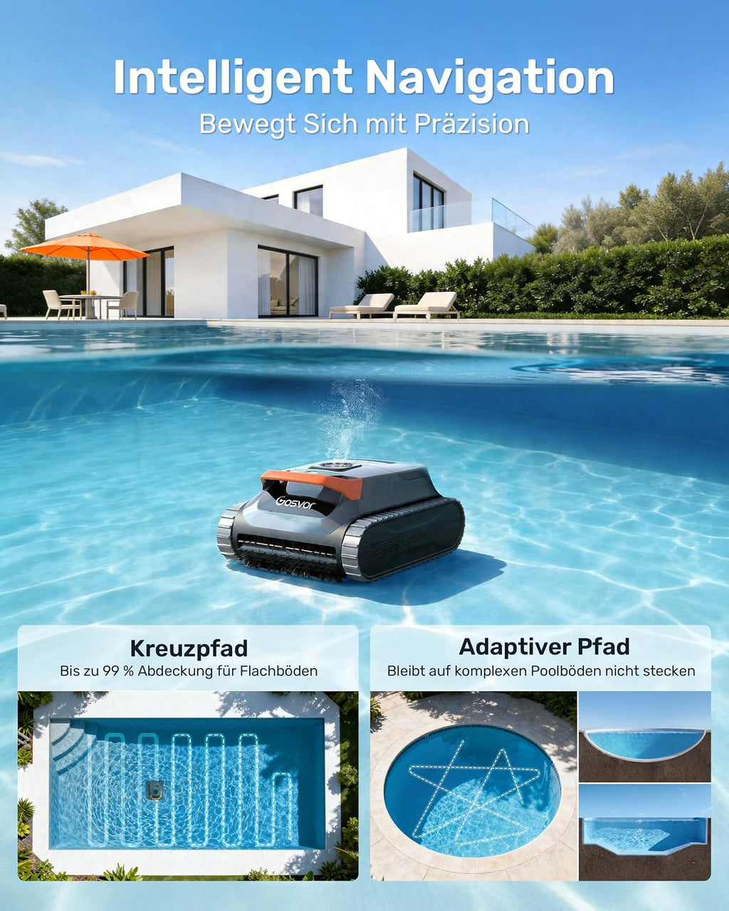 Poolroboter 2026, Wand/Boden/Wasserlinie/Flachzone, 200 Min., 6,9 kg, 3μm Filter, Akku, bis 200 m², orange