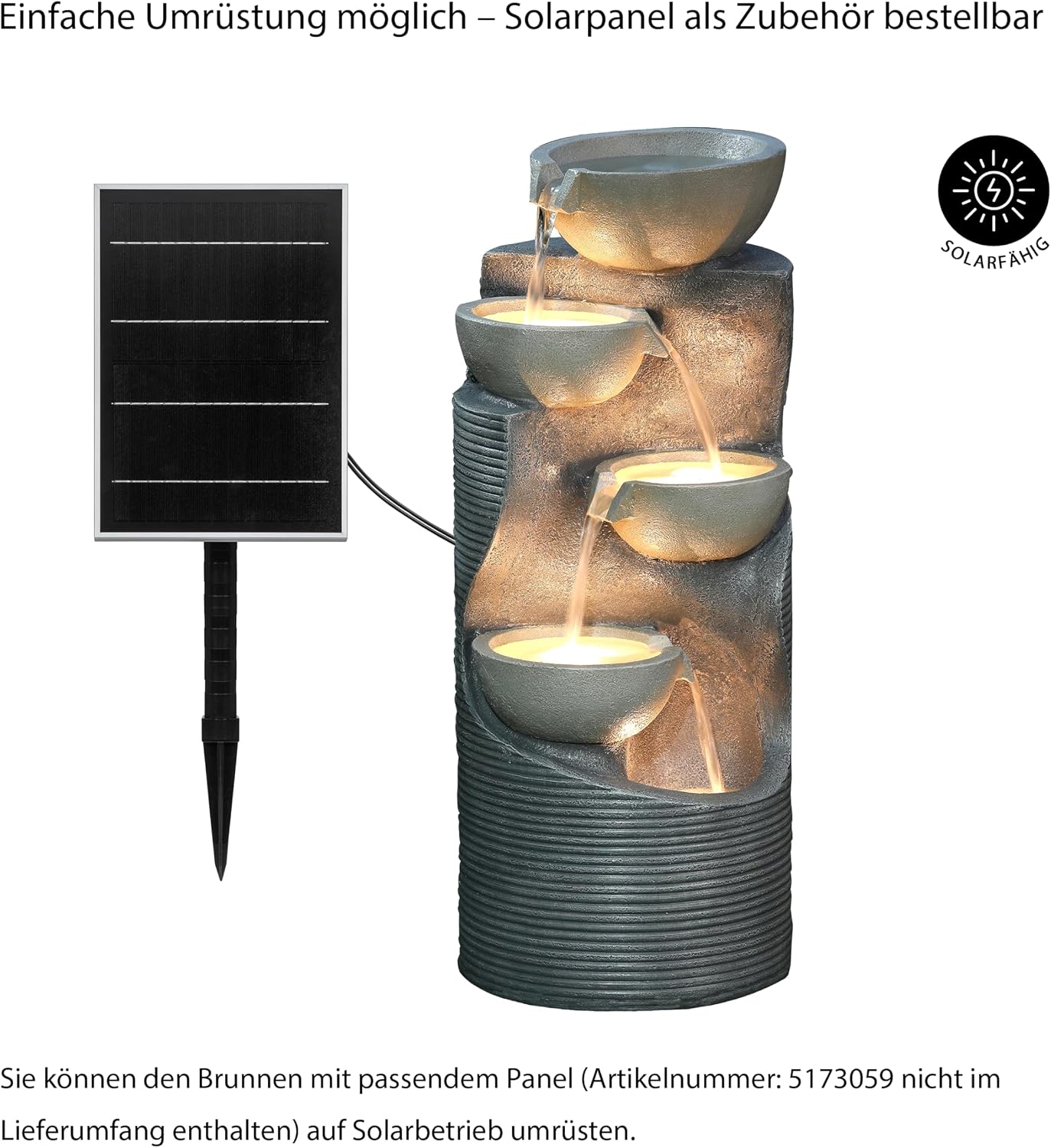Gartenbrunnen Salo mit LED Beleuchtung, ca. 81x34x33 cm, Polyresin, grau