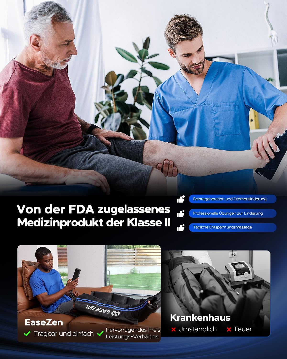 Beinmassagegerät mit Kompressionssystem, fördert Durchblutung, lindert Schmerzen, für Füße/Waden/Oberschenkel, reduziert Ödeme & Muskelermüdung