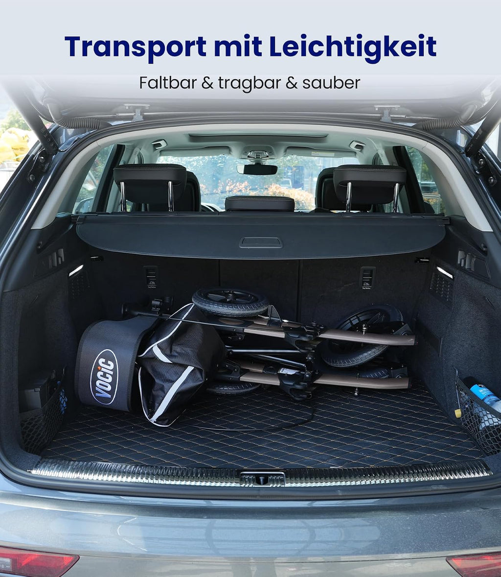 Rollator Faltbar Leicht mit Sitz, Outdoor Rollator mit Gummi-Nonluftbereifung für Alle Gelände, Aluminium Höhenverstellbar, Grau