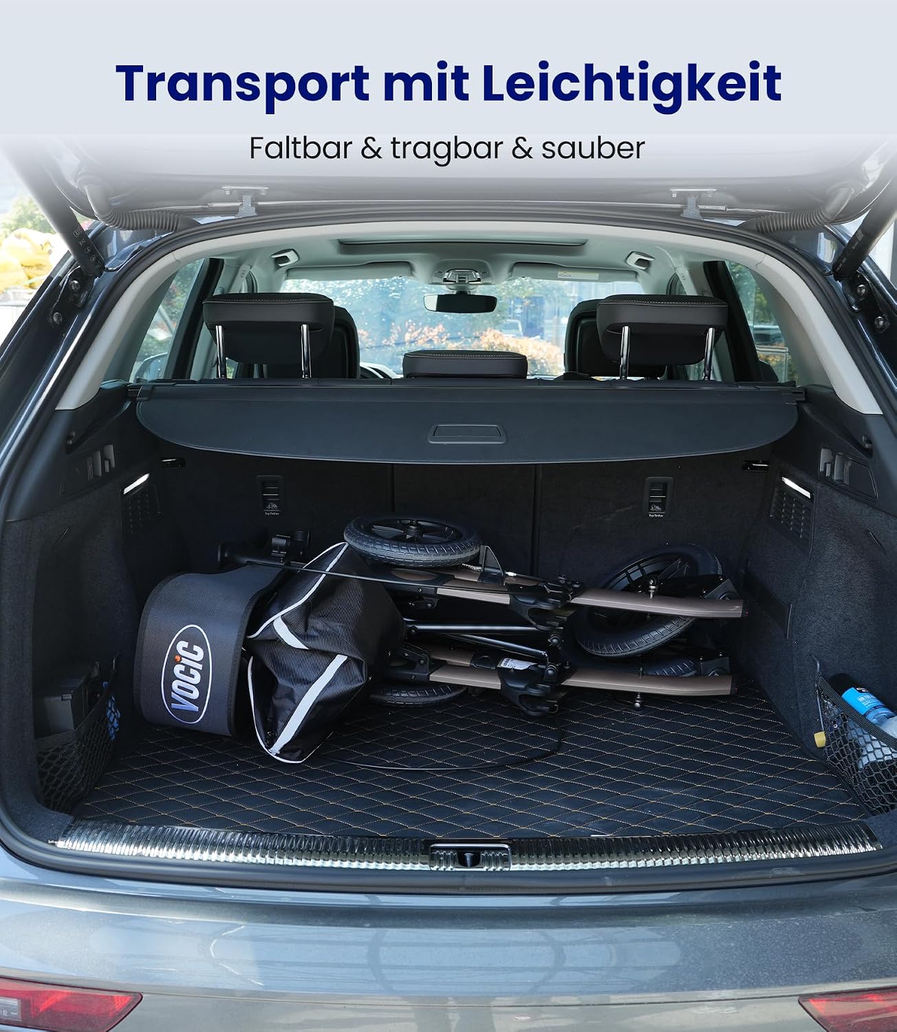 Rollator Faltbar Leicht mit Sitz, Outdoor Rollator mit Gummi-Nonluftbereifung für Alle Gelände, Aluminium Höhenverstellbar, Grau