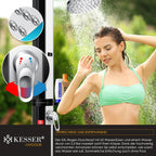 Solardusche 60L für Garten & Pool - Warmwasser ohne Strom, Regenduschkopf & Wasserhahn mit Gartenschlauch-Anschluss, inkl. Ablage und Schutzhaube