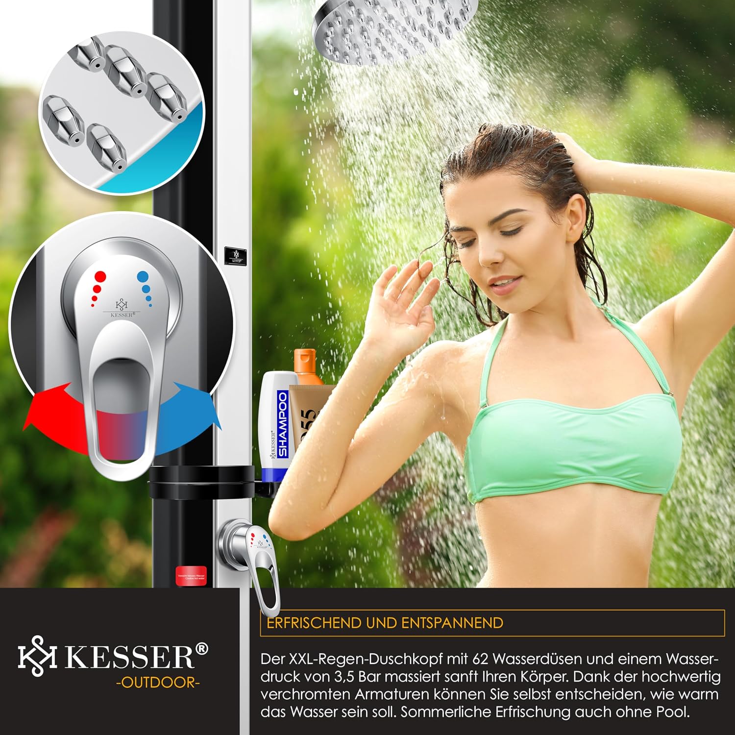 Solardusche 60L für Garten & Pool - Warmwasser ohne Strom, Regenduschkopf & Wasserhahn mit Gartenschlauch-Anschluss, inkl. Ablage und Schutzhaube