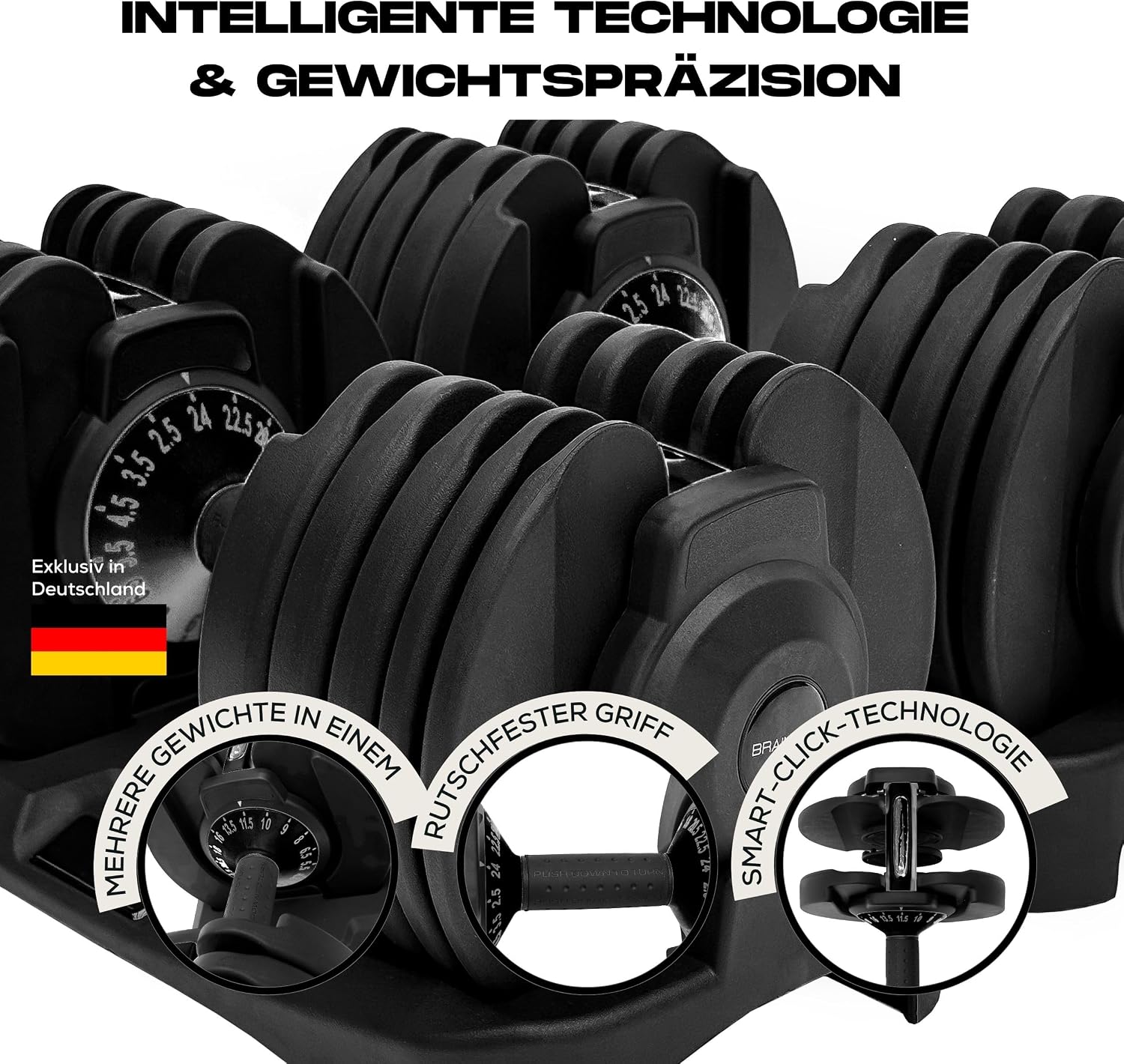 Verstellbares Kurzhantel-Paar, 15-in-1 (24kg) Gewichtsstufen, Smart-Click-Technologie, Anti-Rutsch-Griff, platzsparend für Heimtraining