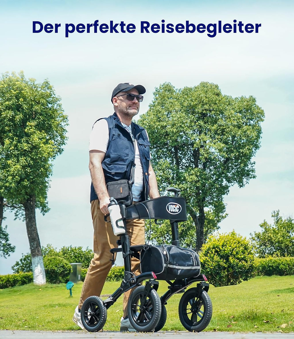 Rollator Faltbar Leicht mit Sitz, Outdoor Rollator mit Gummi-Nonluftbereifung für Alle Gelände, Aluminium Höhenverstellbar, Grau