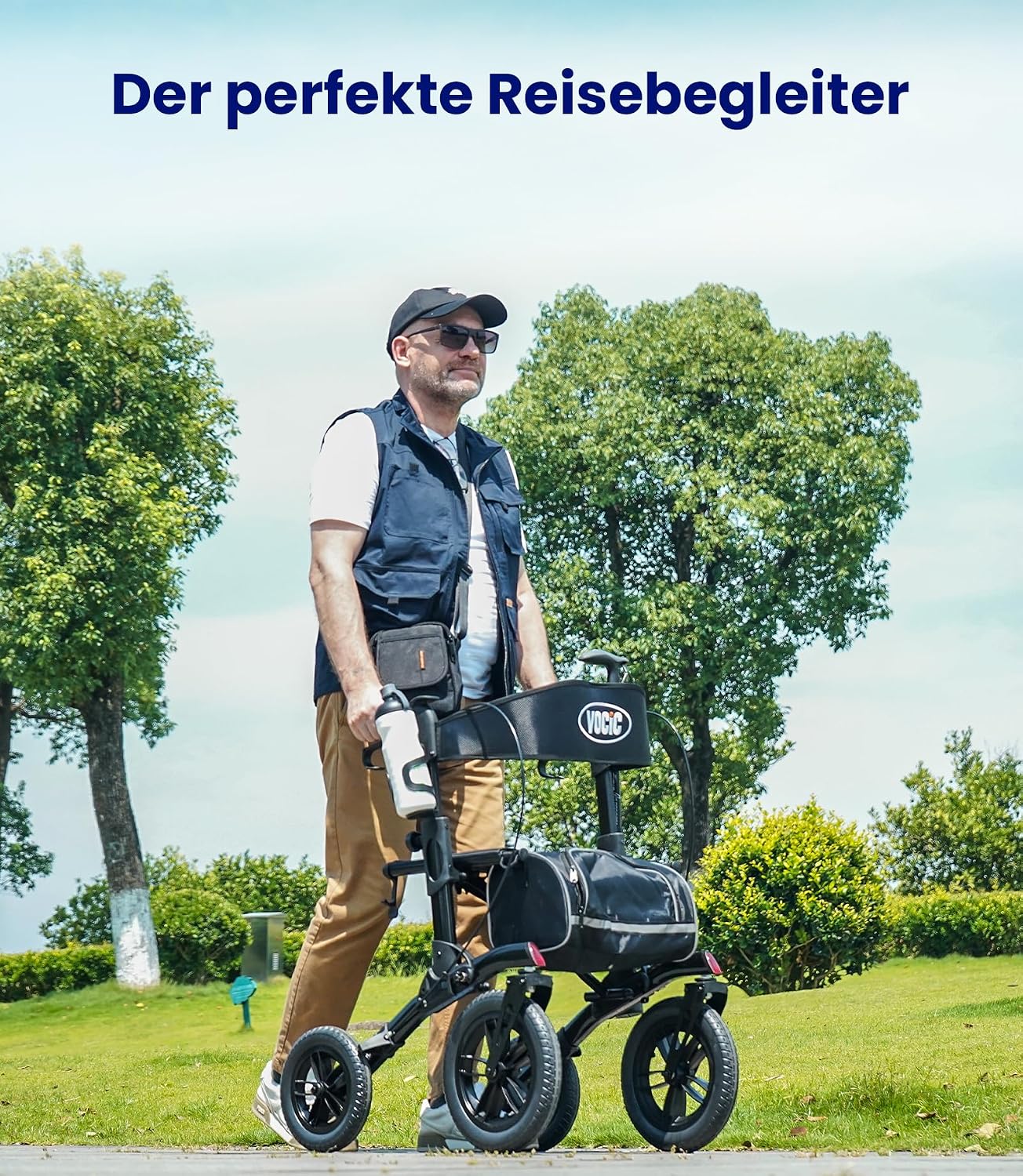 Rollator Faltbar Leicht mit Sitz, Outdoor Rollator mit Gummi-Nonluftbereifung für Alle Gelände, Aluminium Höhenverstellbar, Grau