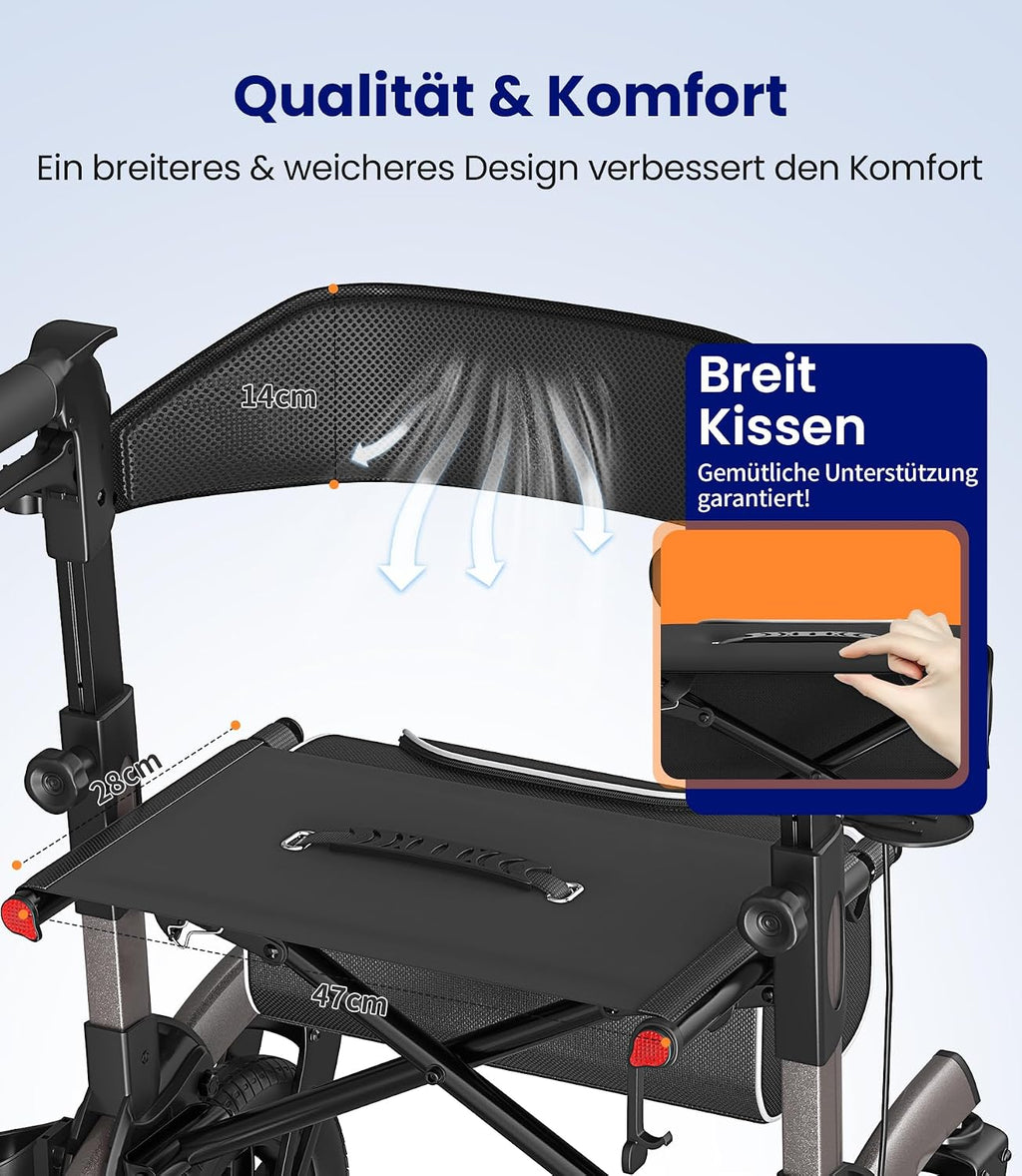 Rollator Faltbar Leicht mit Sitz, Outdoor Rollator mit Gummi-Nonluftbereifung für Alle Gelände, Aluminium Höhenverstellbar, Grau