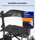 Rollator Faltbar Leicht mit Sitz, Outdoor Rollator mit Gummi-Nonluftbereifung für Alle Gelände, Aluminium Höhenverstellbar, Grau
