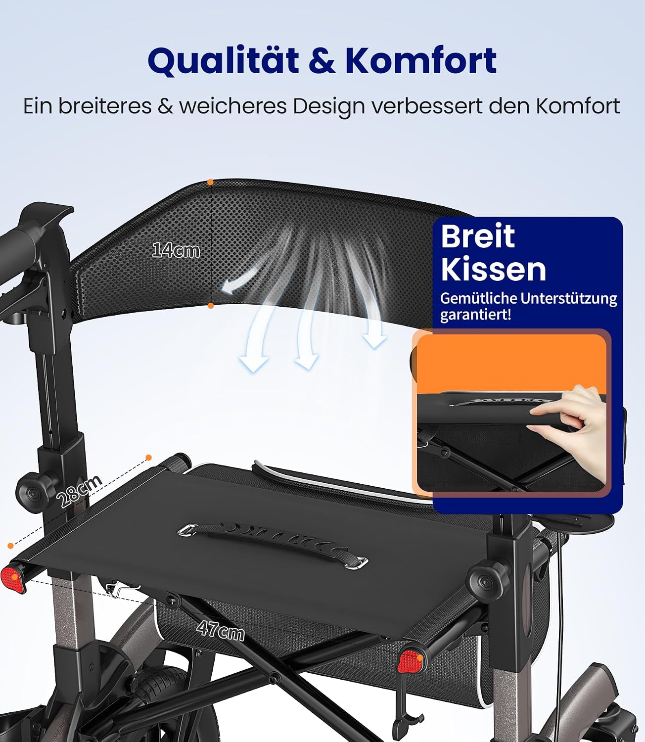 Rollator Faltbar Leicht mit Sitz, Outdoor Rollator mit Gummi-Nonluftbereifung für Alle Gelände, Aluminium Höhenverstellbar, Grau