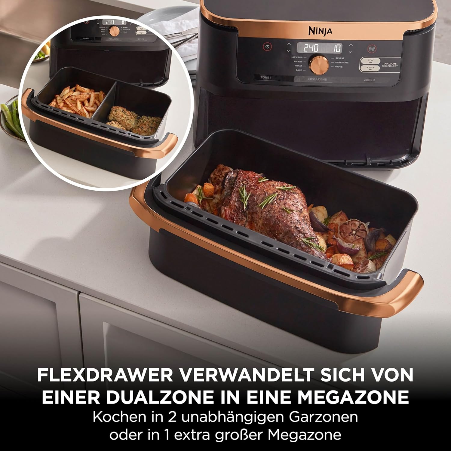 FlexDrawer Dual-Zone Heißluftfritteuse, 10,4L, herausnehmb. Trenner, Antihaft, spülmaschinenfest, 7-in-1, schwarz/kupfer, AF500EUCP