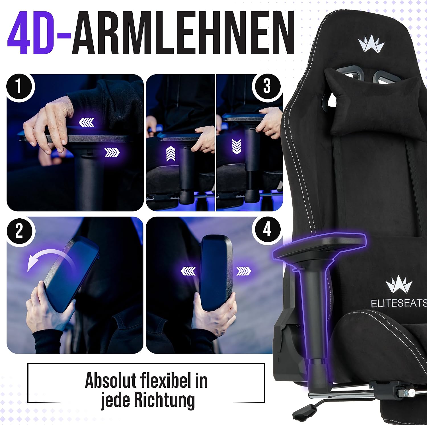 Gaming Stuhl Ergonomisch Kratzerfreie Rollen Atmungsaktiv, 4D-Armlehnen, mit Fußstütze, Stoff, 150 kg Belastbarkeit
