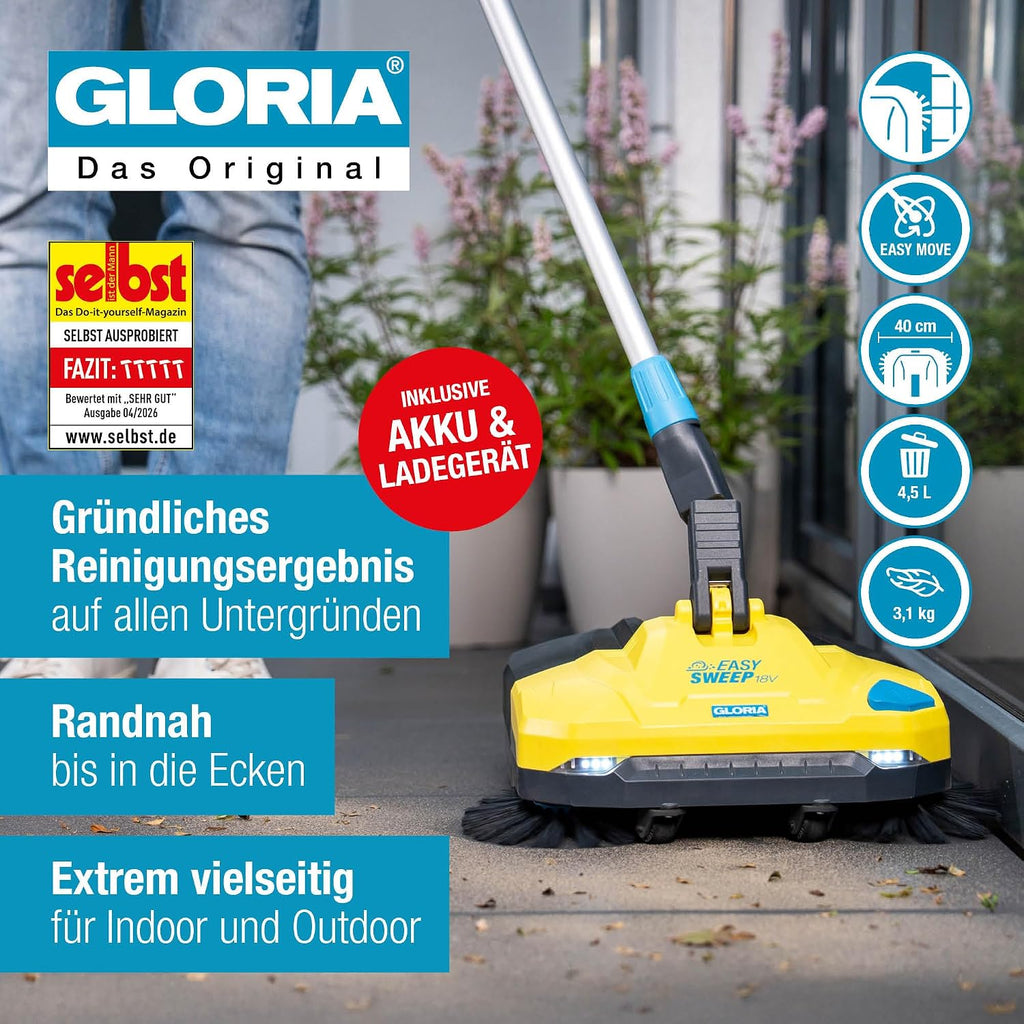 Akku-Kehrmaschine EasySweep 18V inkl. 18V Akku, 40 cm Arbeitsbreite, 4,5 L Behälter - für Indoor & Outdoor, Einfahrt, Gehweg, Terrasse, Garage & Laub