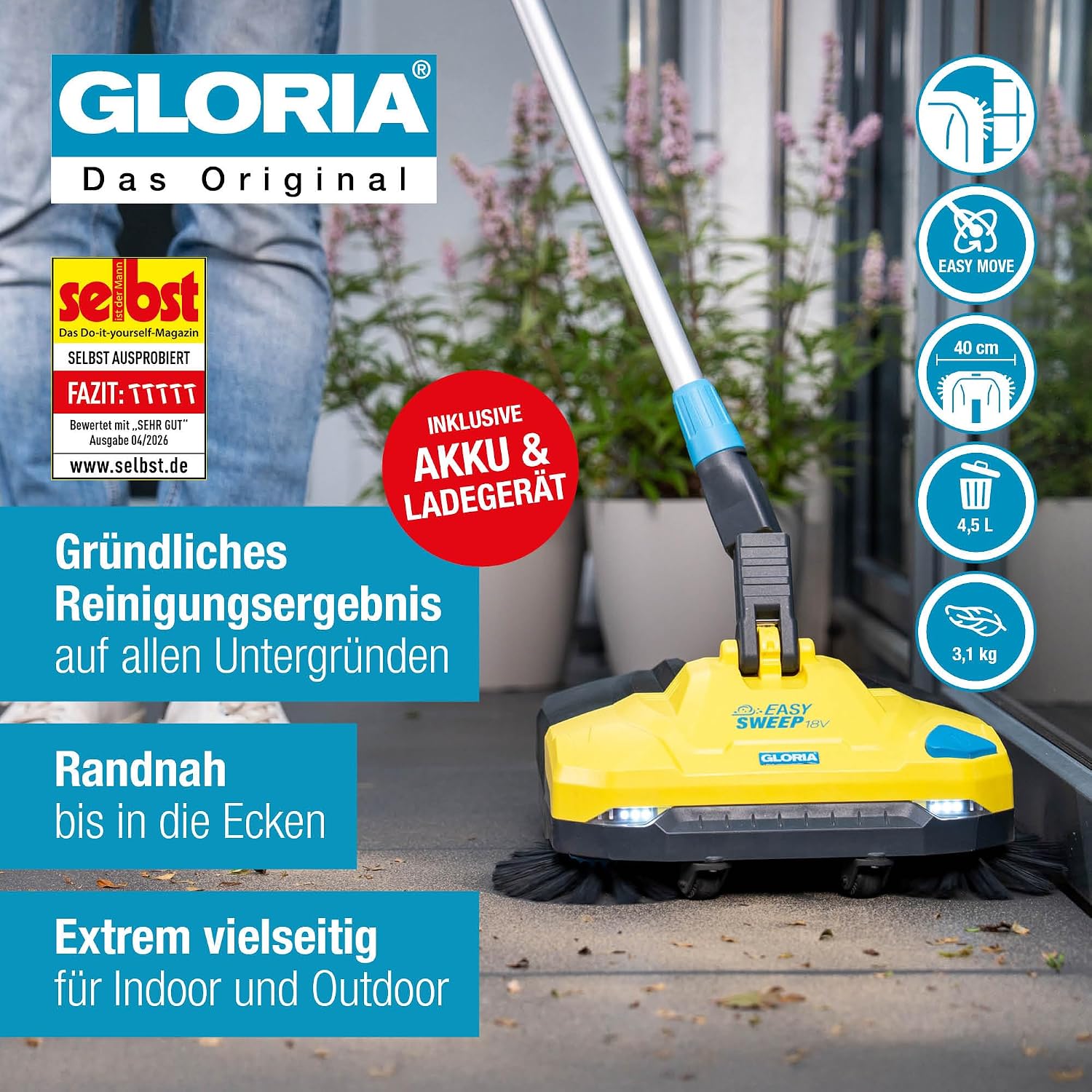 Akku-Kehrmaschine EasySweep 18V inkl. 18V Akku, 40 cm Arbeitsbreite, 4,5 L Behälter - für Indoor & Outdoor, Einfahrt, Gehweg, Terrasse, Garage & Laub