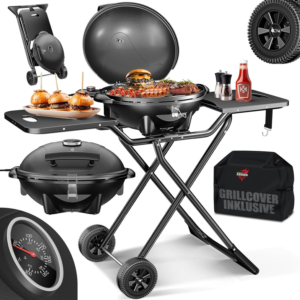 Elektrogrill 2in1 (Tisch/Stand), 2400W, Deckel + Standfuß, Thermostat, Antihaft, Abstelltische + Abdeckung, für drinnen/draußen