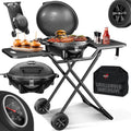 Elektrogrill 2in1 (Tisch/Stand), 2400W, Deckel + Standfuß, Thermostat, Antihaft, Abstelltische + Abdeckung, für drinnen/draußen