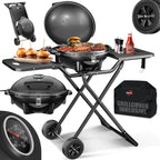 Elektrogrill 2in1 (Tisch/Stand), 2400W, Deckel + Standfuß, Thermostat, Antihaft, Abstelltische + Abdeckung, für drinnen/draußen