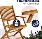 Gartenmöbel Set Modell 2026 - 5-teilig aus FSC Akazienholz, extra stabiler Tisch mit Verstärkungsleiste, 4 klappbare Stühle mit Armlehnen