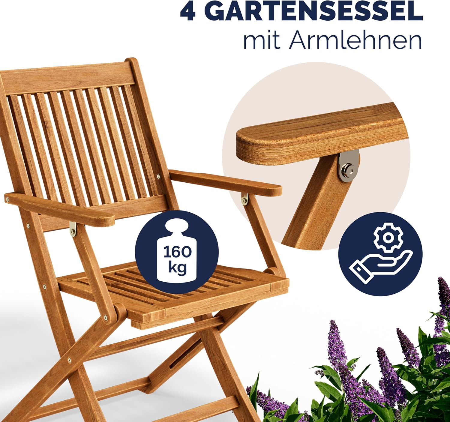 Gartenmöbel Set Modell 2026 - 5-teilig aus FSC Akazienholz, extra stabiler Tisch mit Verstärkungsleiste, 4 klappbare Stühle mit Armlehnen
