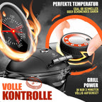Elektrogrill 2in1 (Tisch/Stand), 2400W, Deckel + Standfuß, Thermostat, Antihaft, Abstelltische + Abdeckung, für drinnen/draußen