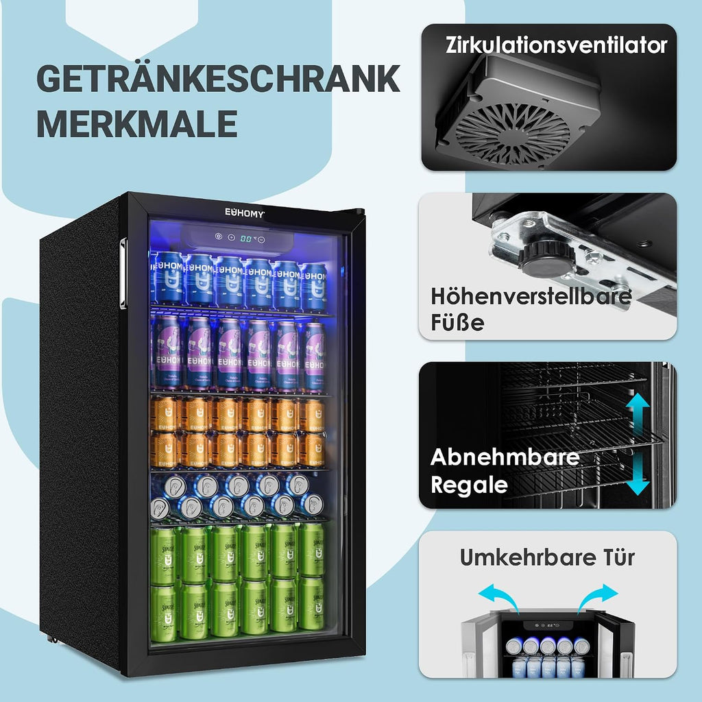 90L Getränkekühlschrank mit Glastür, für 126 Dosen, verstellbare Regale, für Limonade/Bier/Wein, Zuhause/Bar/Büro, Schwarz Edelstahl