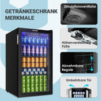 90L Getränkekühlschrank mit Glastür, für 126 Dosen, verstellbare Regale, für Limonade/Bier/Wein, Zuhause/Bar/Büro, Schwarz Edelstahl