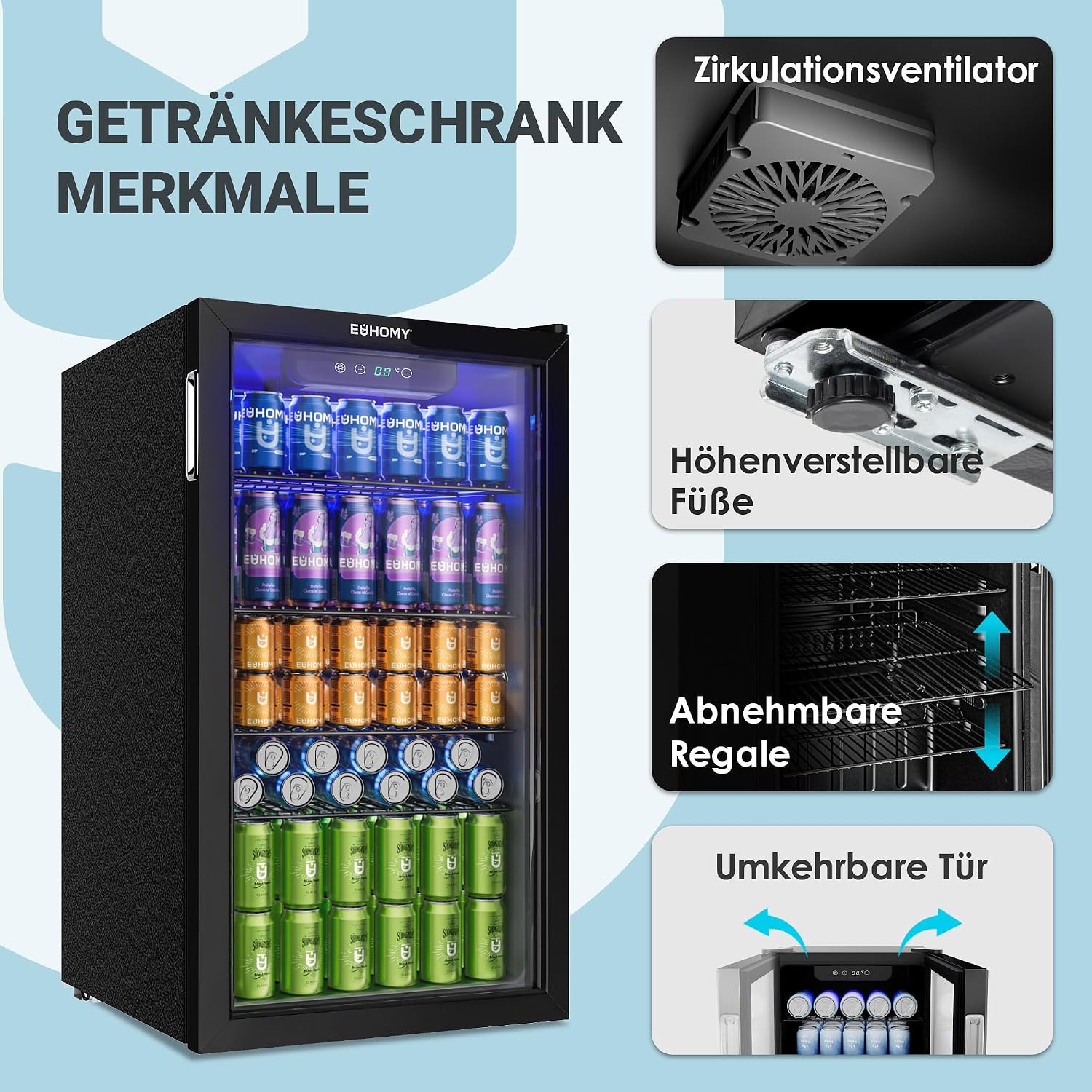 90L Getränkekühlschrank mit Glastür, für 126 Dosen, verstellbare Regale, für Limonade/Bier/Wein, Zuhause/Bar/Büro, Schwarz Edelstahl