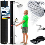 Solardusche 60L für Garten & Pool - Warmwasser ohne Strom, Regenduschkopf & Wasserhahn mit Gartenschlauch-Anschluss, inkl. Ablage und Schutzhaube