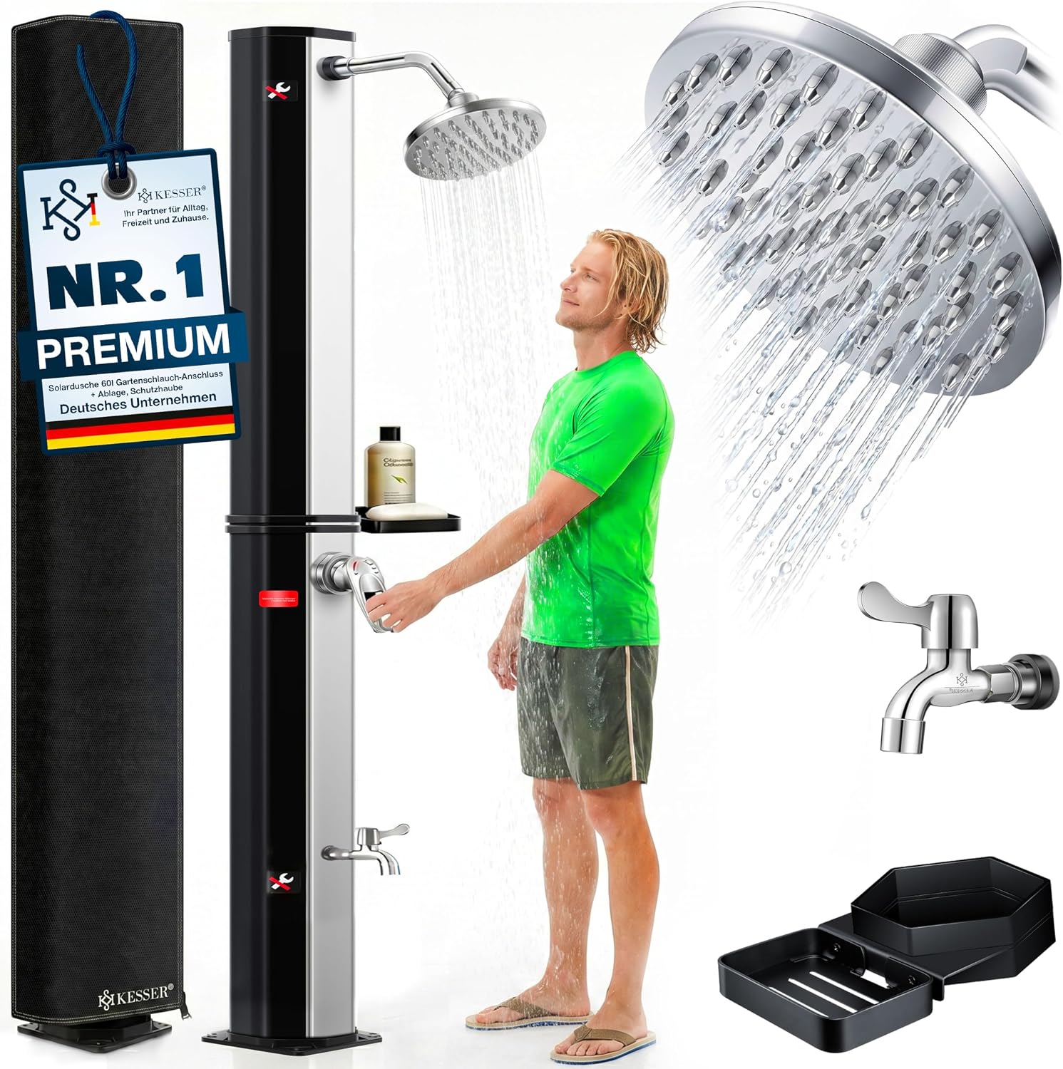 Solardusche 60L für Garten & Pool - Warmwasser ohne Strom, Regenduschkopf & Wasserhahn mit Gartenschlauch-Anschluss, inkl. Ablage und Schutzhaube
