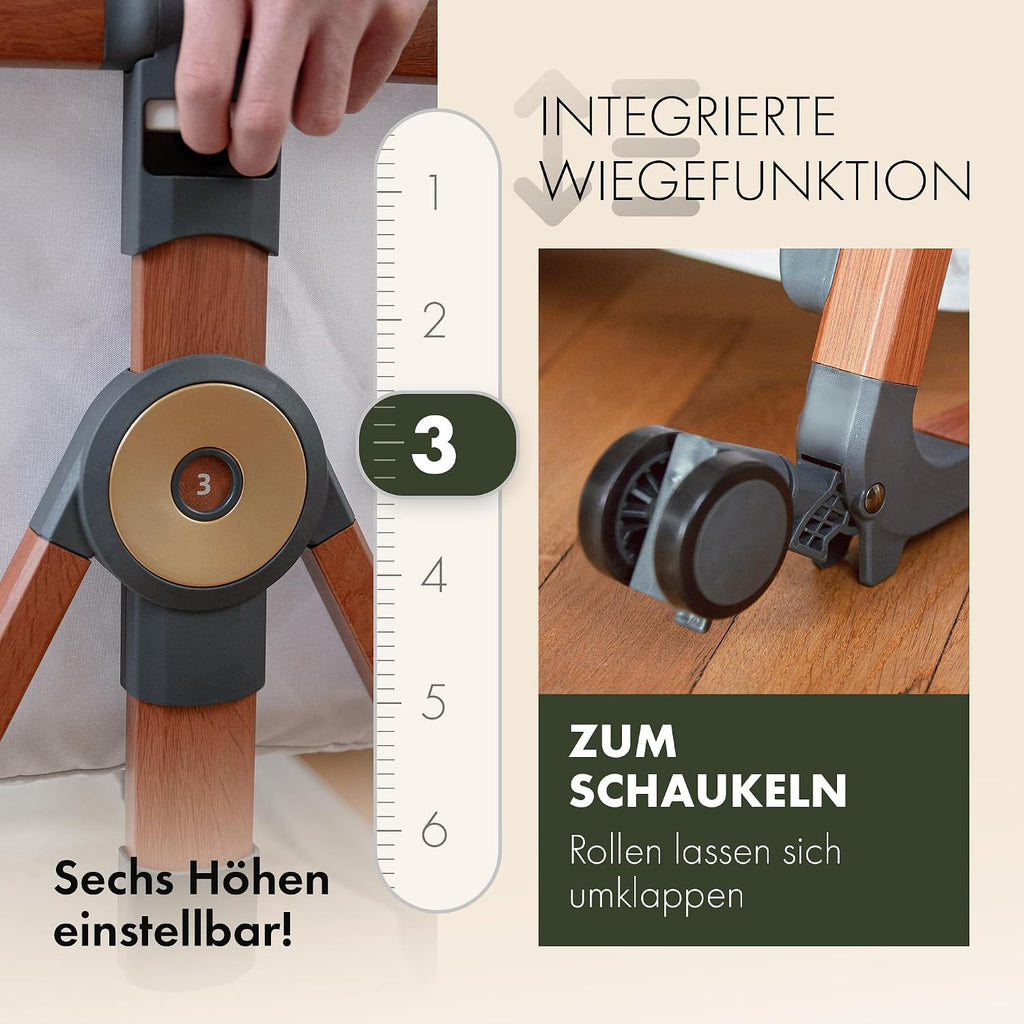 Beistellbett Babybett 3 in 1 rollbares Baby Bett mit Rollen, Wiegefunktion, höhenverstellbar, für Boxspringbett, inkl Reisetasche - Sicheres Reisebett