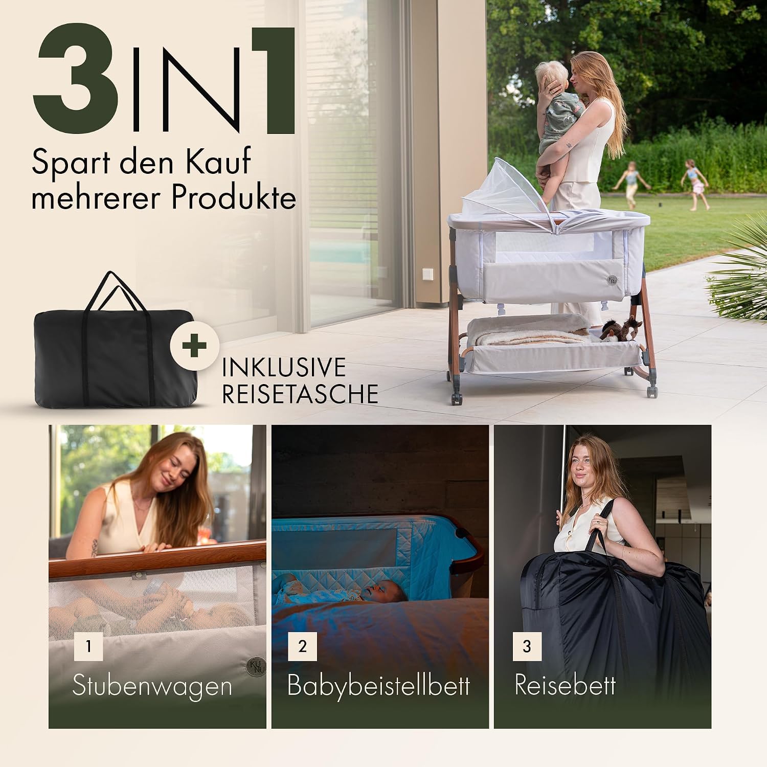 Beistellbett Babybett 3 in 1 rollbares Baby Bett mit Rollen, Wiegefunktion, höhenverstellbar, für Boxspringbett, inkl Reisetasche - Sicheres Reisebett