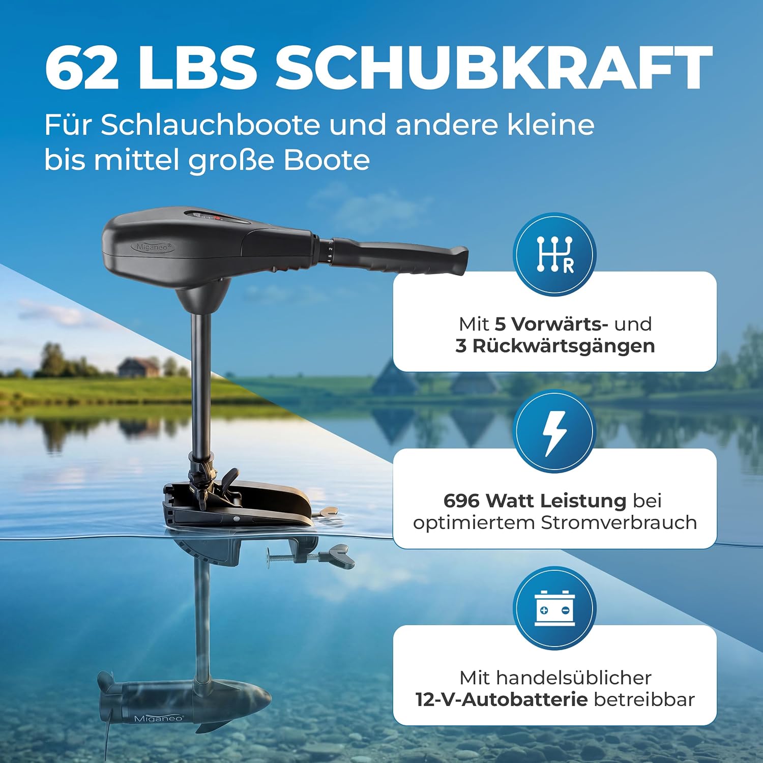 TRS 62 lbs Elektromotor – 696W Außenborder, salzwassertauglich, LED-Batterieanzeige, 12V für Schlauchboote, 5 Vorwärts-/3 Rückwärtsgänge