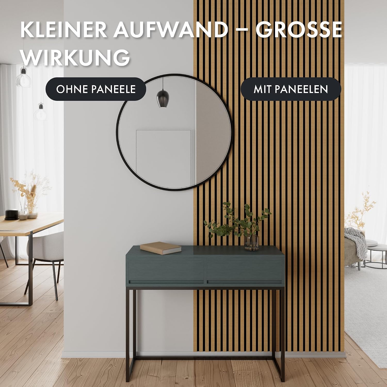 5 Stück Akustikpaneele Holz 240x50 cm - Eiche Geölt Dekor - Wandverkleidung als 3D Lamellenwand für effektiven Schallschutz - Holzpaneele