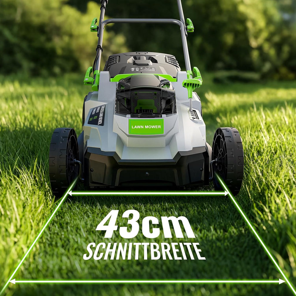Akku-Rasenmäher 40V(2X20V), 43cm Schnittbreite, Brushless, bis 500 m², Mulch-Kit, 50L Fangkorb, 6 Schnitthöhen (25-75mm), 2x 4,0Ah Akkus+Ladegerät