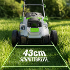 Akku-Rasenmäher 40V(2X20V), 43cm Schnittbreite, Brushless, bis 500 m², Mulch-Kit, 50L Fangkorb, 6 Schnitthöhen (25-75mm), 2x 4,0Ah Akkus+Ladegerät