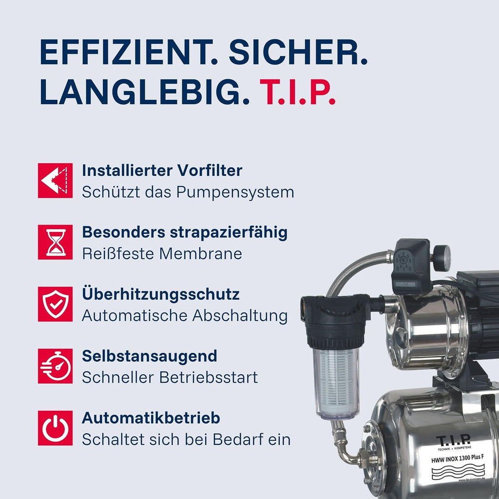 HWW INOX 1300 Plus F Hauswasserwerk, Edelstahl-Druckkessel, 1200W, selbstansaugend, 4350 l/h, 50m, Vorfilter, wartungsfrei, Überlastschutz